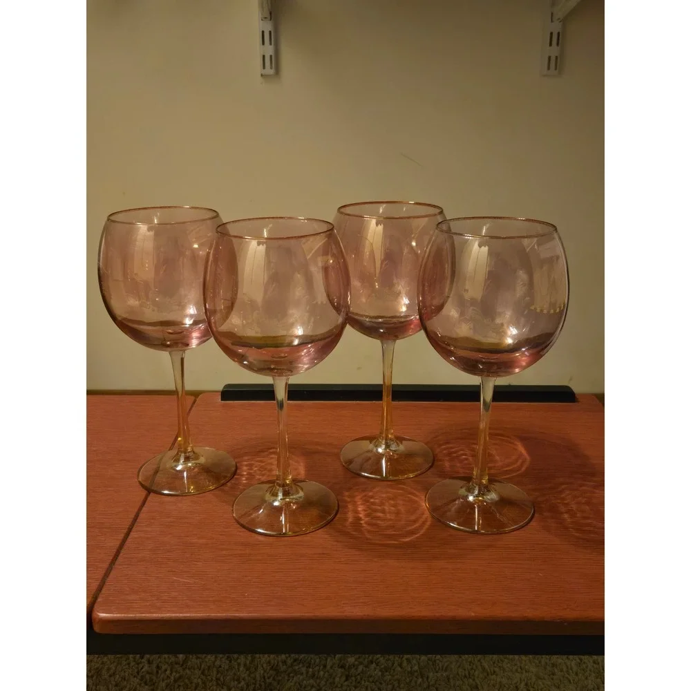 Set of 4 Pink Iridescent Luster Wine Glasses Balloon‎ Stemware Glassware